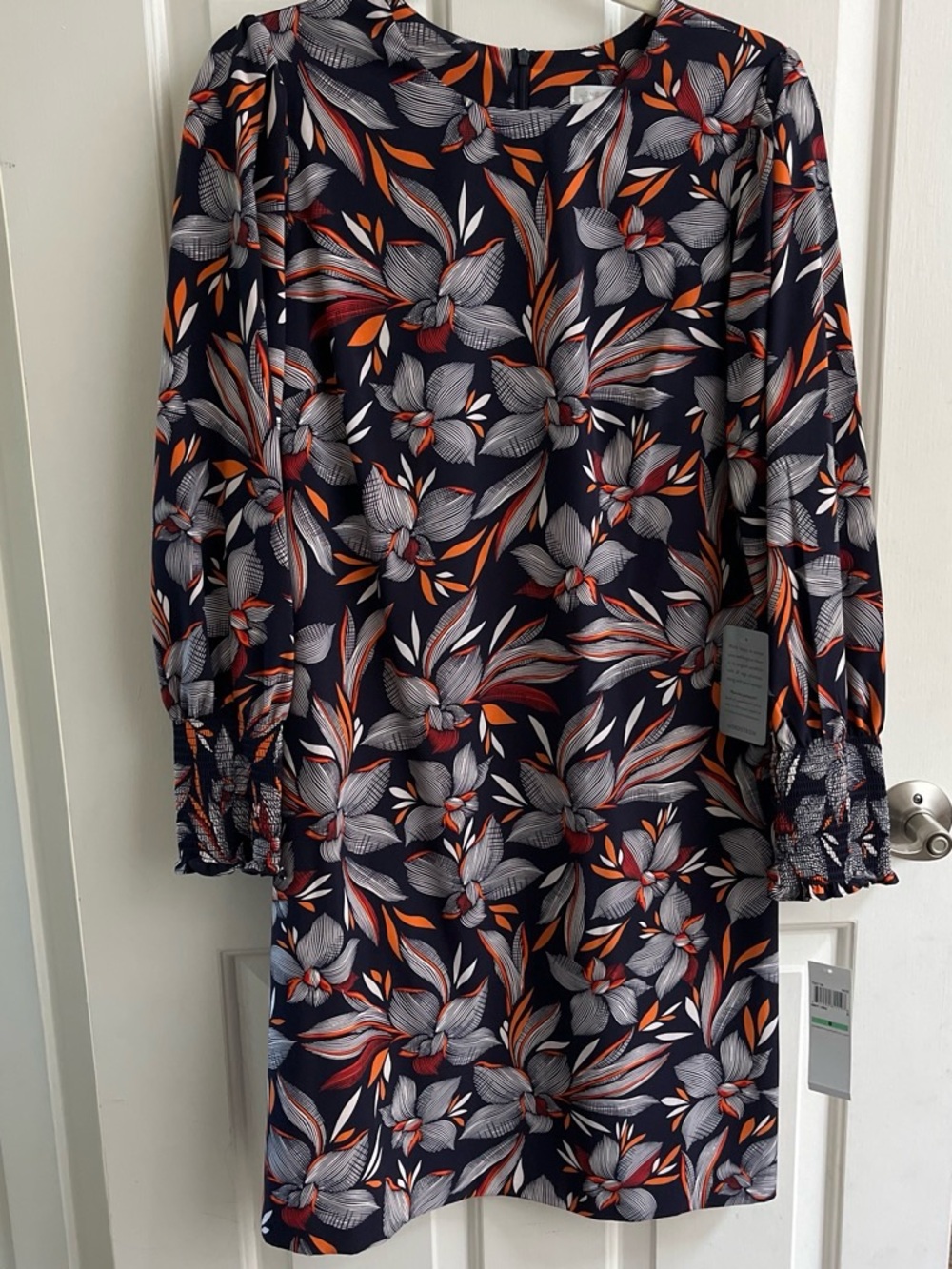 London Times Navy Floral Long-Sleeve Shift Dress with Orange Accents
